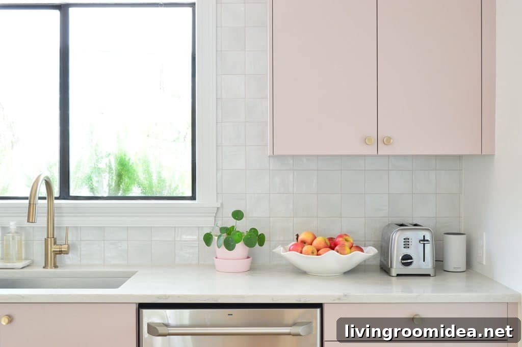 Closer View Of Square Tile Backsplash With Mauve Pink Painted Cabinets