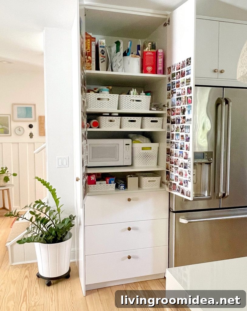 Ikea Kitchen Built-In Pantry With Doors Open to Show Shelf Organization With Baskets