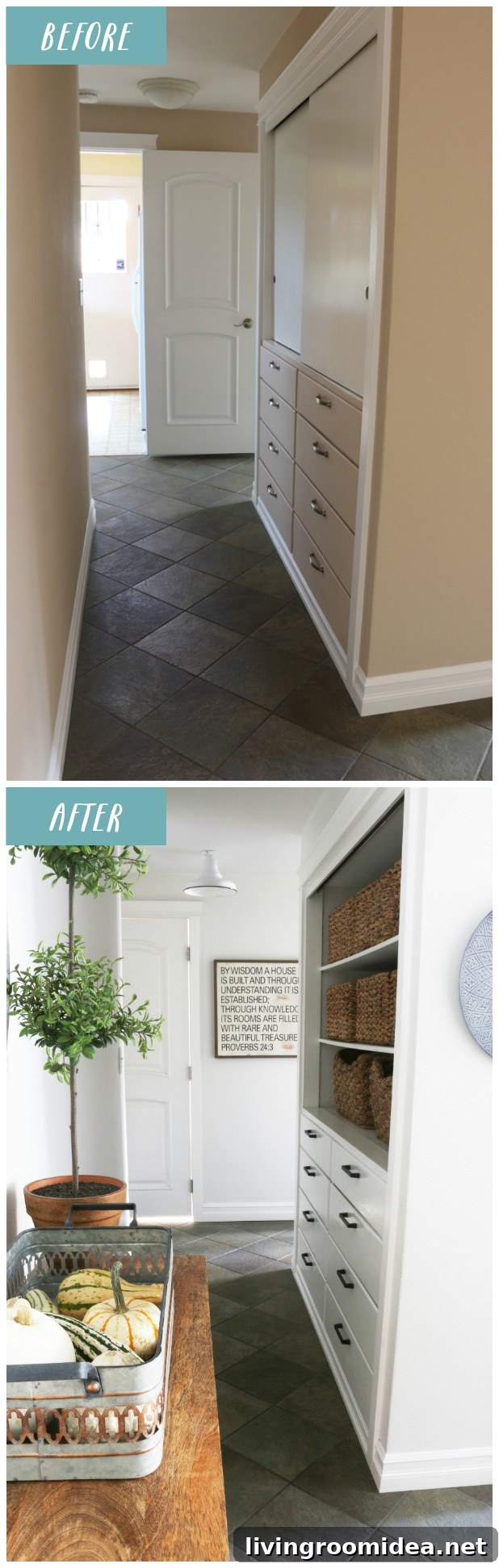 Before & After: Farmhouse-Inspired Entry Hall Renovation 14 Little changes make a big impact in this small hallway! Sources and details in the post.