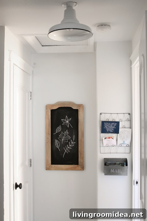 Farmhouse-Inspired Entry Hall: Before and After Transformation 6 Small Hallway Makeover - Memo Boards + Farmhouse Style + Barnlight Electric Light