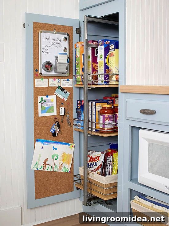 Slide-Out Kitchen Pantry Drawer Ideas for Organized Storage 7 Slide out kitchen pantry drawers and cork board - kitchen organization