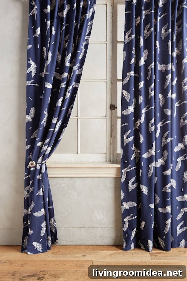 Whimsical navy curtain panels