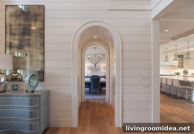 Arched hallway with shiplap planking