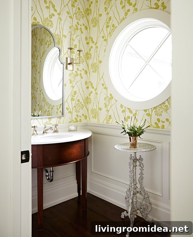 Round window inspiration - powder bath with round window by Sarah Richardson