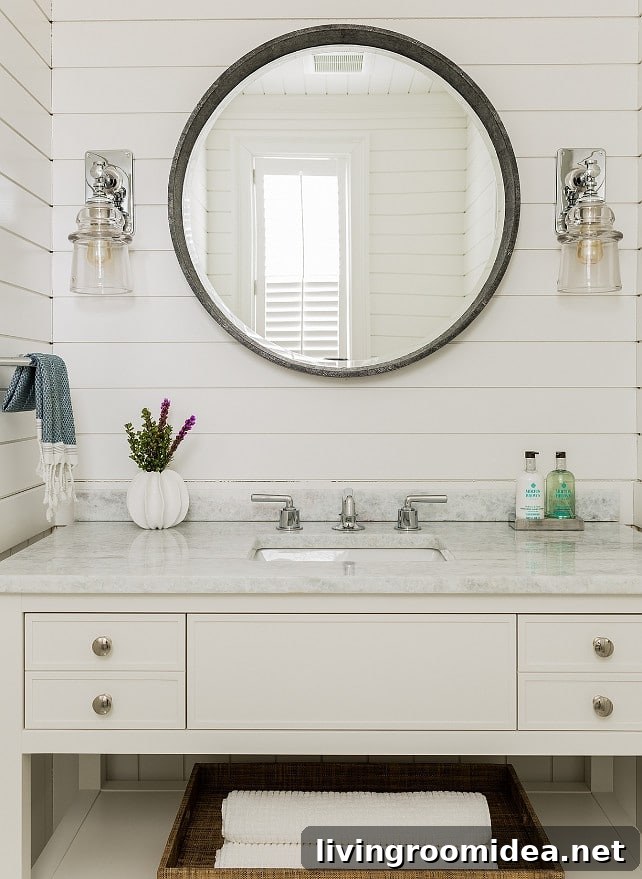 Round mirror above vanity