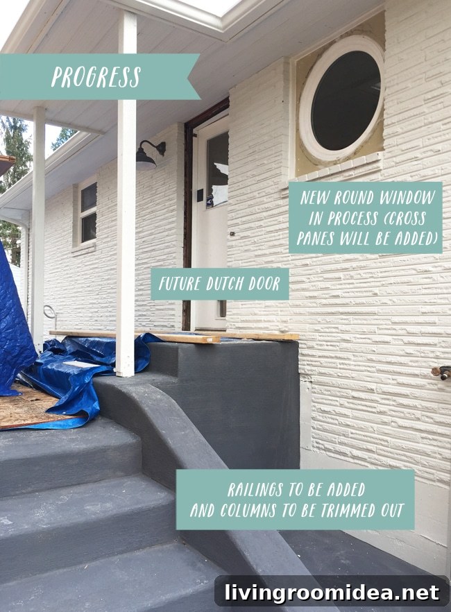 Kitchen Remodel Update: New Round Window Installation 6 white-brick-house-exterior-with-round-window